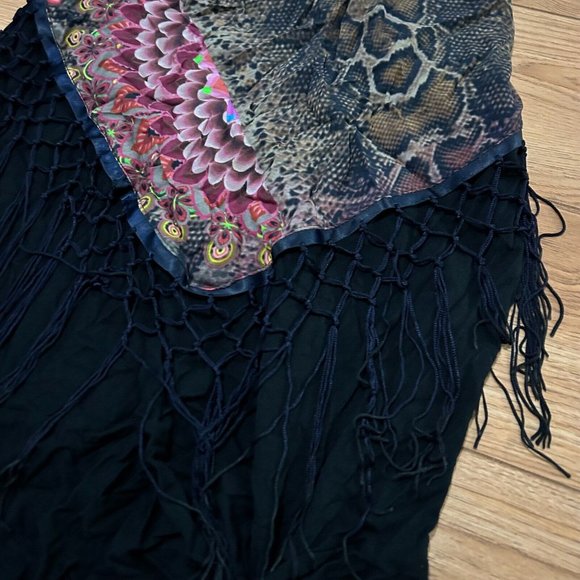 Desigual Scarf Tassel Tunic Tank Top Women's SMALL Black Floral Snakeskin EUC - Picture 2 of 5